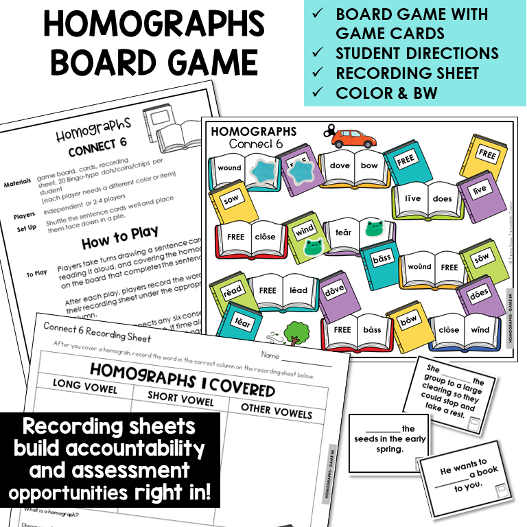 Connect 6 homograph board game with sentence cards and recording sheet