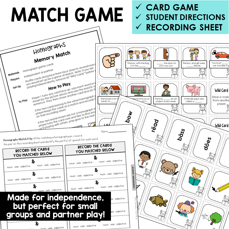 Memory Match card game for homographs with picture cards and recording sheet