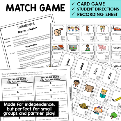 Memory Match card game for homographs with picture cards and recording sheet