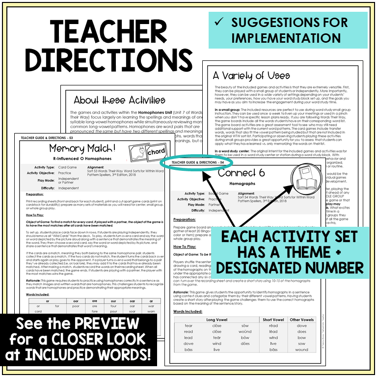 Teacher directions for homograph games