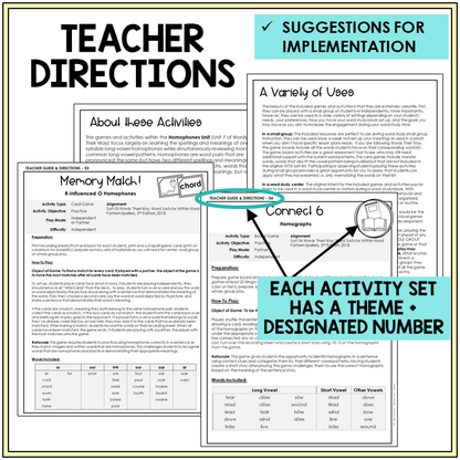 Teacher directions and suggestions for implementation, homographs