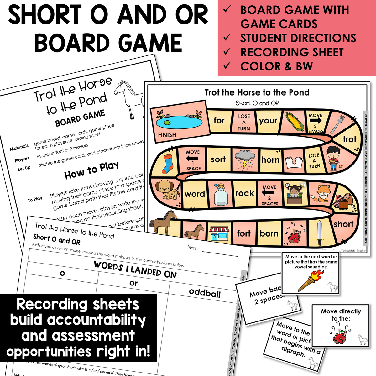 Trot the Horse to the Pond board game, game cards, and recording sheet for Short O and OR words