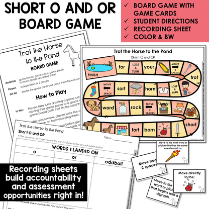Trot the Horse to the Pond board game, game cards, and recording sheet for Short O and OR words