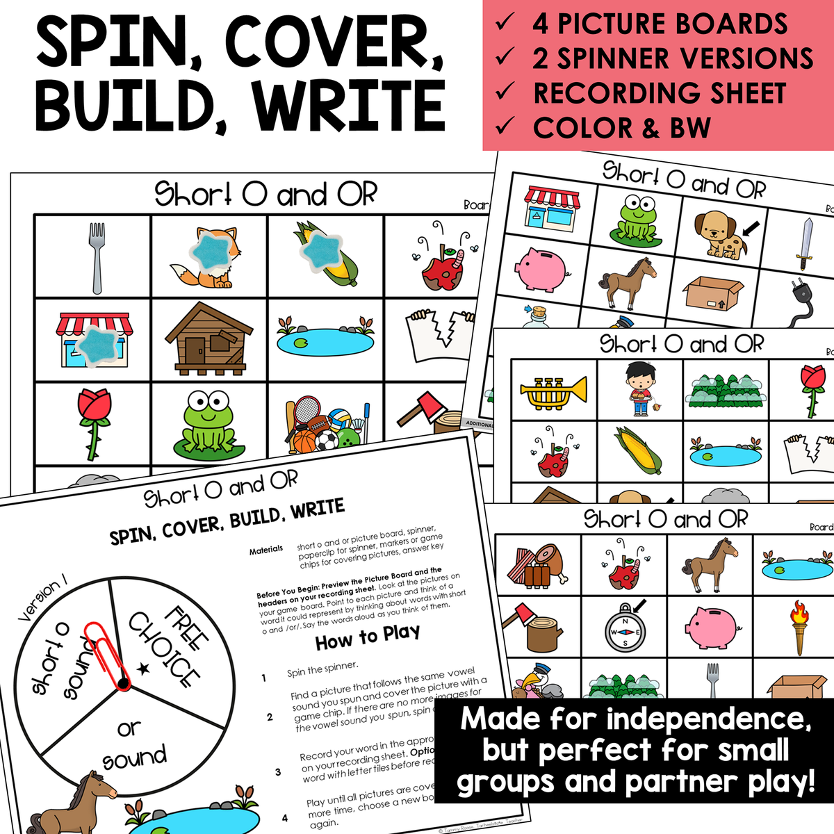 Spin, Cover, Build, Write picture boards and spinners for Short O and OR words