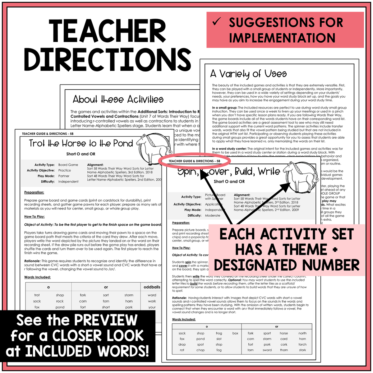 Teacher directions for Short O and OR R-controlled vowel games