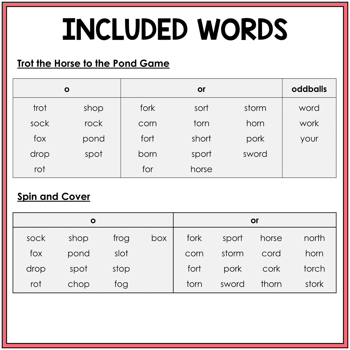 Word list for Short O and OR R-controlled vowel games, Sort 58