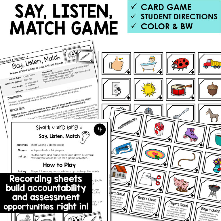 Say, Listen, Match picture card game for Short U and Long U