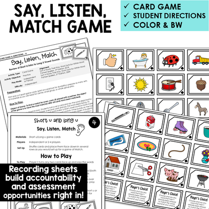 Say, Listen, Match picture card game for Short U and Long U