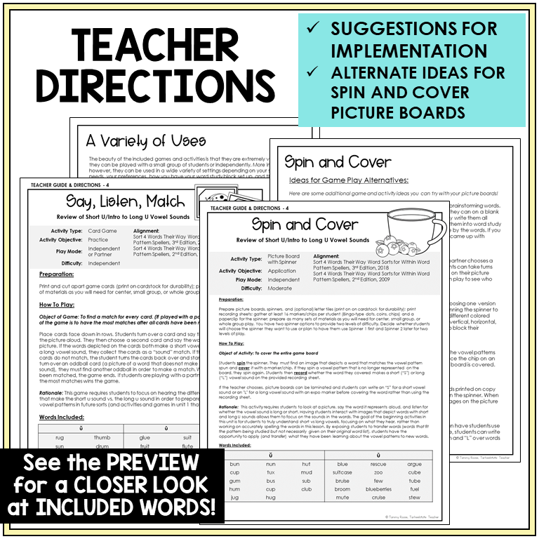 Teacher directions for Short U and Long U games