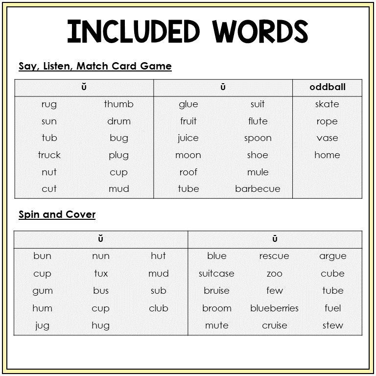 Picture word list for Short U and Long U games, Sort 4