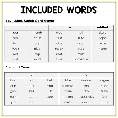 Picture word list for Short U and Long U games, Sort 4