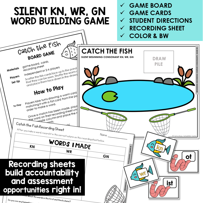 Catch the Fish word building board game with KN, WR, and GN cards and recording sheet