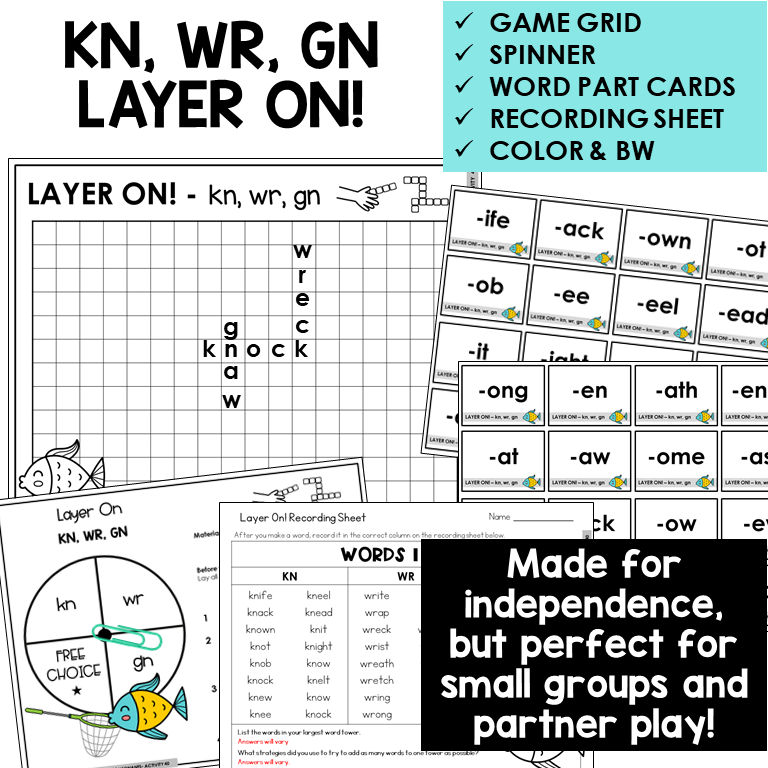 Layer On word tower game with spinner, word part cards, and recording sheet for KN, WR, and GN