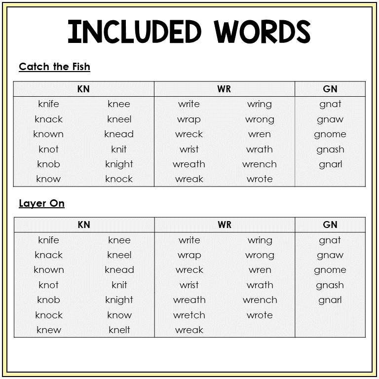 Word list for KN, WR, and GN games, Sort 40