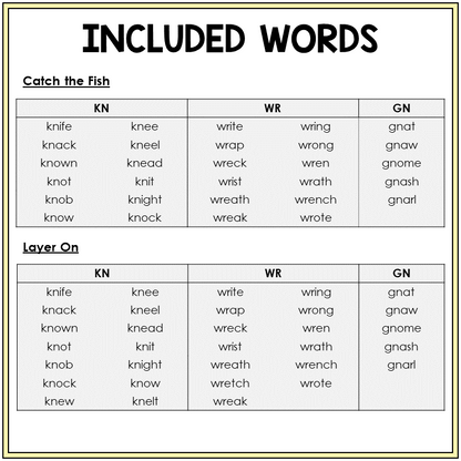 Word list for KN, WR, and GN games, Sort 40