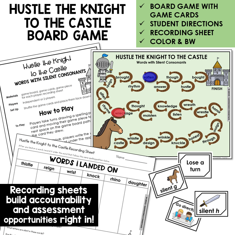 Hustle the Knight to the Castle Board Game for silent consonants, with recording sheet