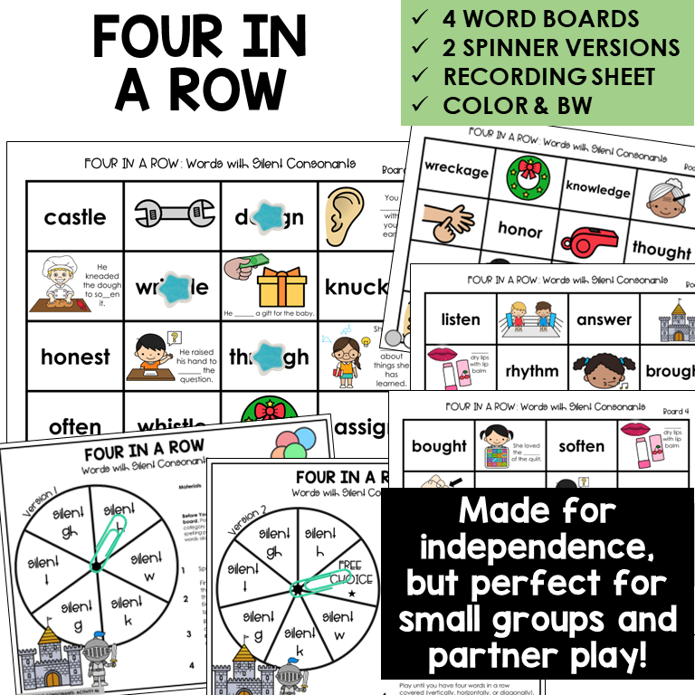 Four In A Row for silent consonants, with spinners and recording sheet
