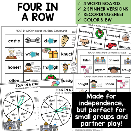 Four In A Row for silent consonants, with spinners and recording sheet