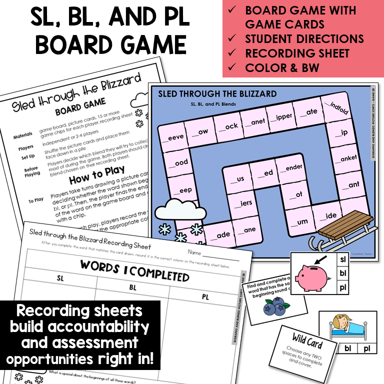 Sled Through the Blizzard board game, game cards, and recording sheet for blends SL, BL, and PL