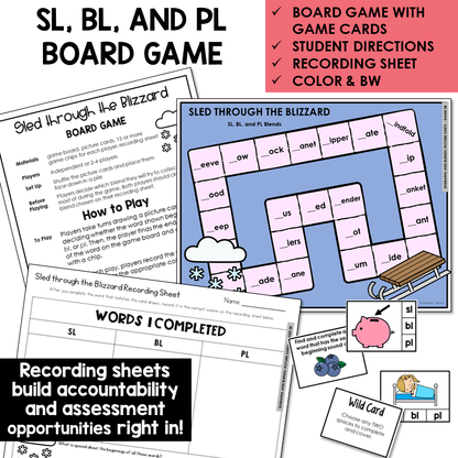 Sled Through the Blizzard board game, game cards, and recording sheet for blends SL, BL, and PL