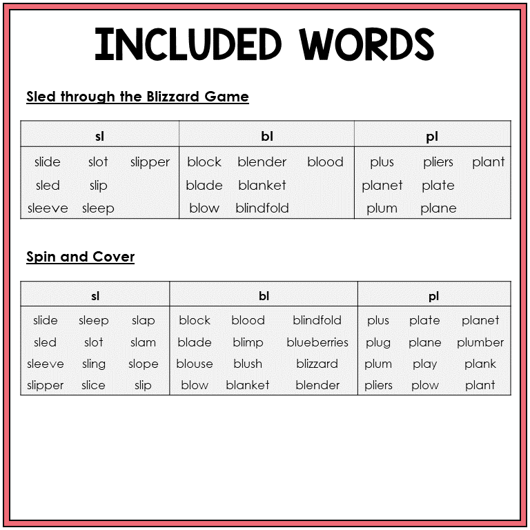 Word list for blends SL, BL, and PL games, Sort 28