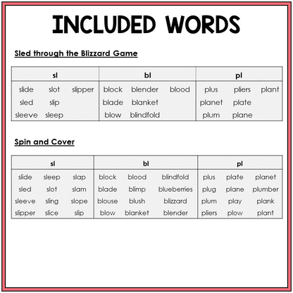 Word list for blends SL, BL, and PL games, Sort 28