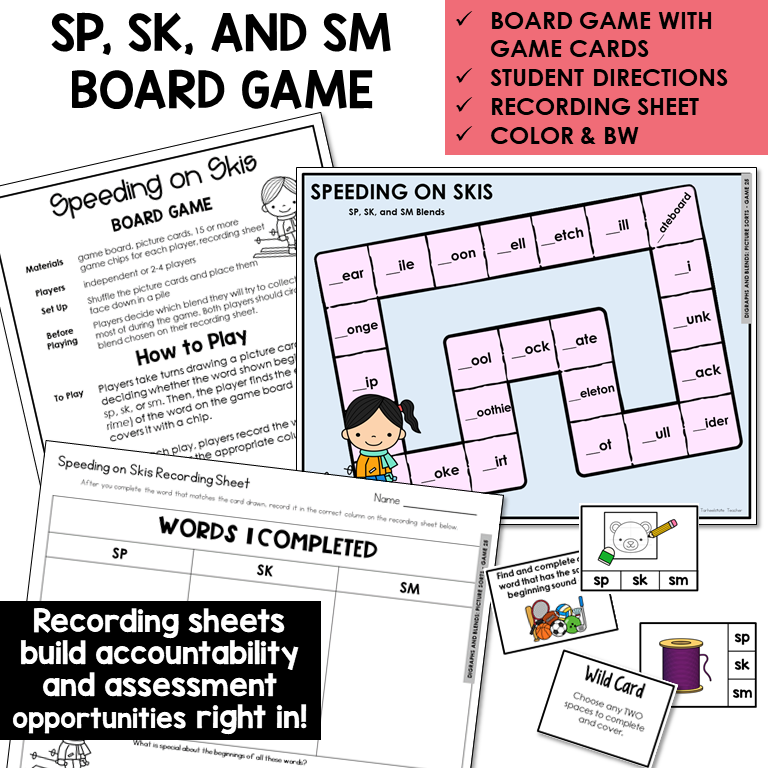 Speeding on Skis board game, game cards, and recording sheet for blends SP, SK, and SM