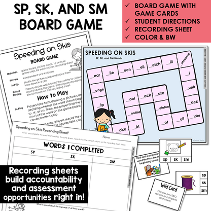 Speeding on Skis board game, game cards, and recording sheet for blends SP, SK, and SM