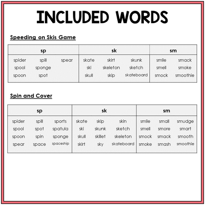 Word list for blends SP, SK, and SM games, Sort 25