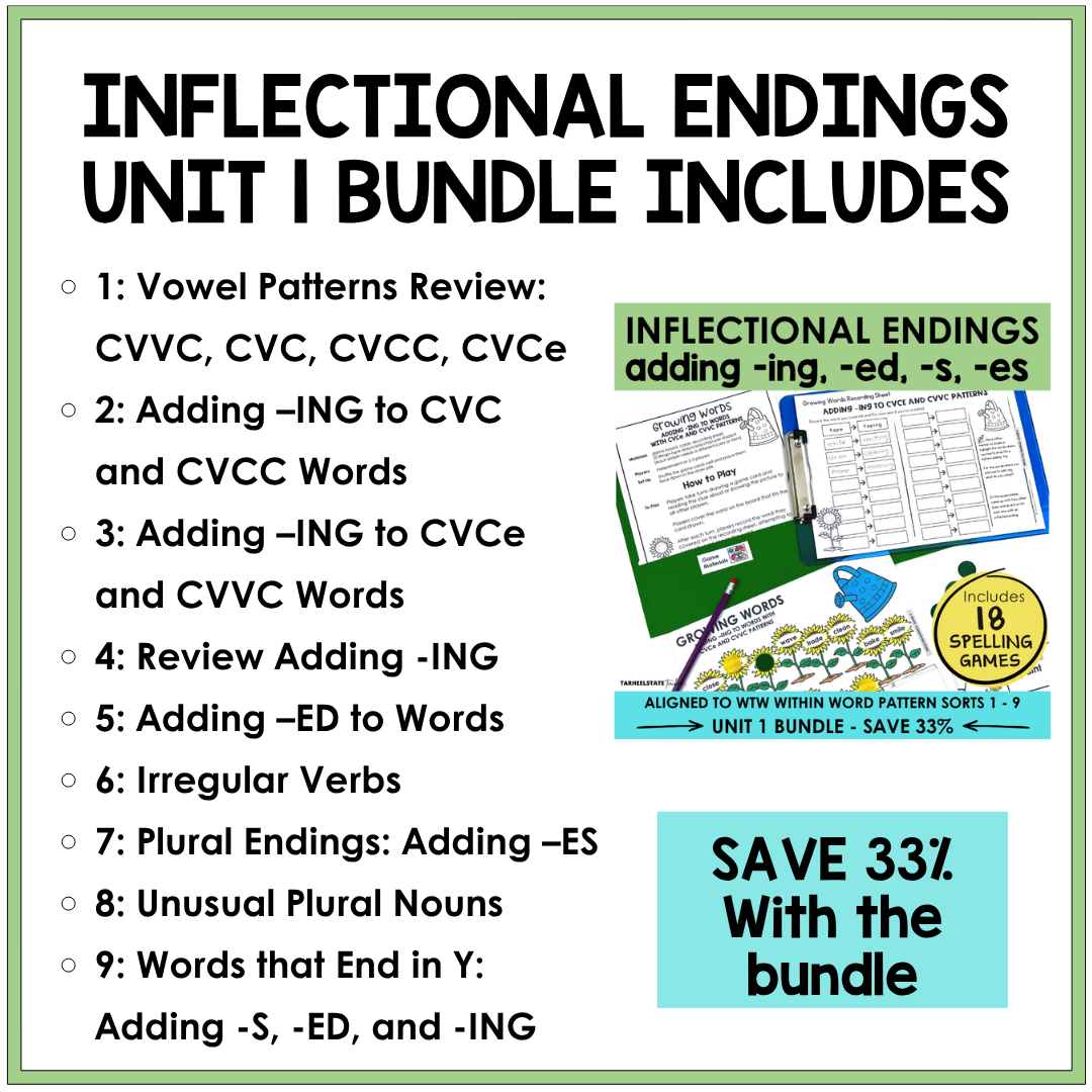 Implement engaging spelling games in your word study routine to help students learn inflectional endings in the Syllables and Affixes stage.