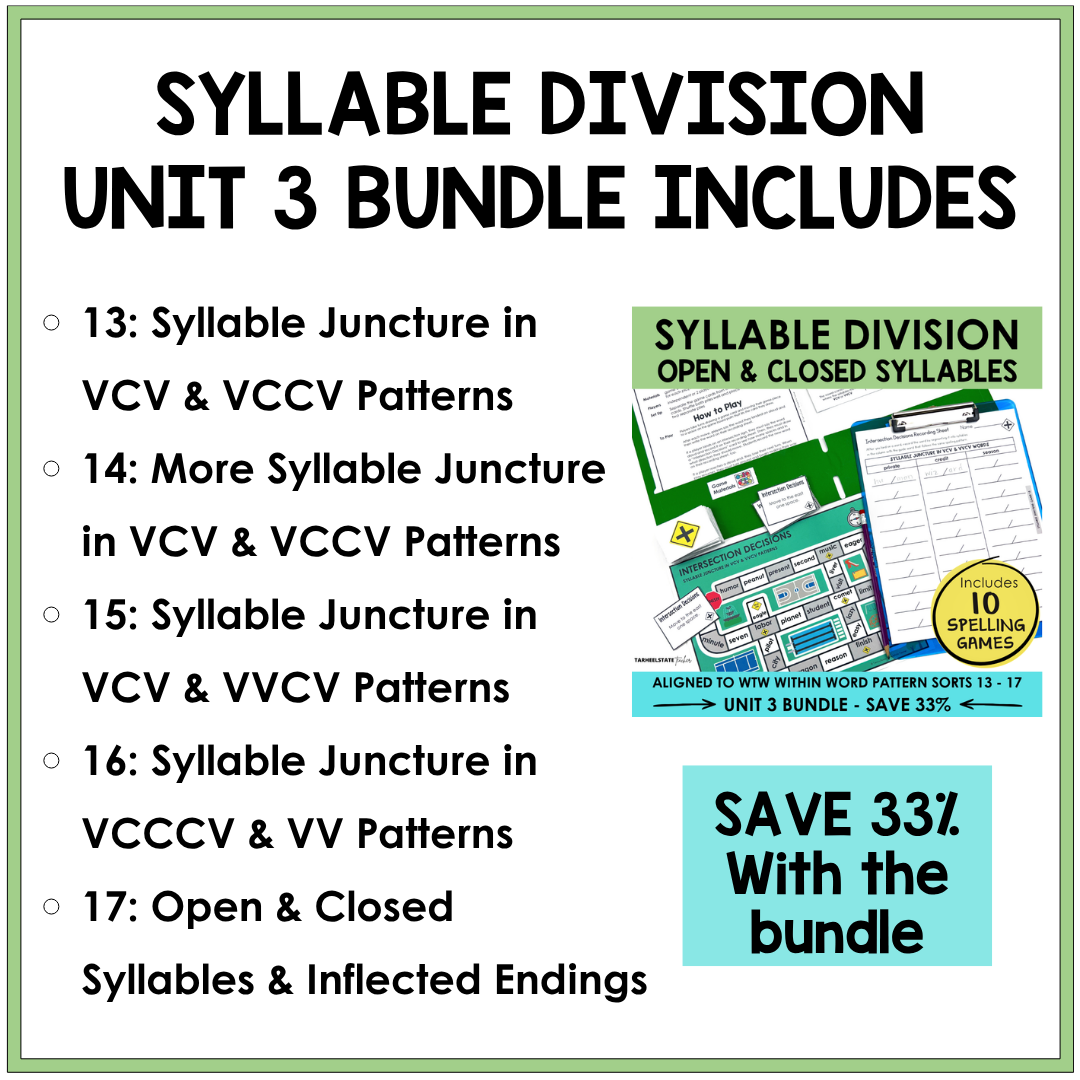 Implement engaging spelling games and activities that guide students in dividing syllables in the Syllables and Affixes stage.