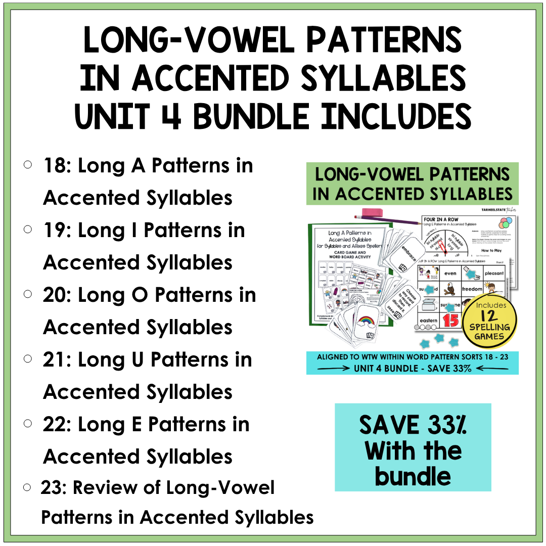 Teach students in the Syllables and Affixes stage how to identify and spell words with long-vowel patterns in accented syllables with engaging spelling games and activities.