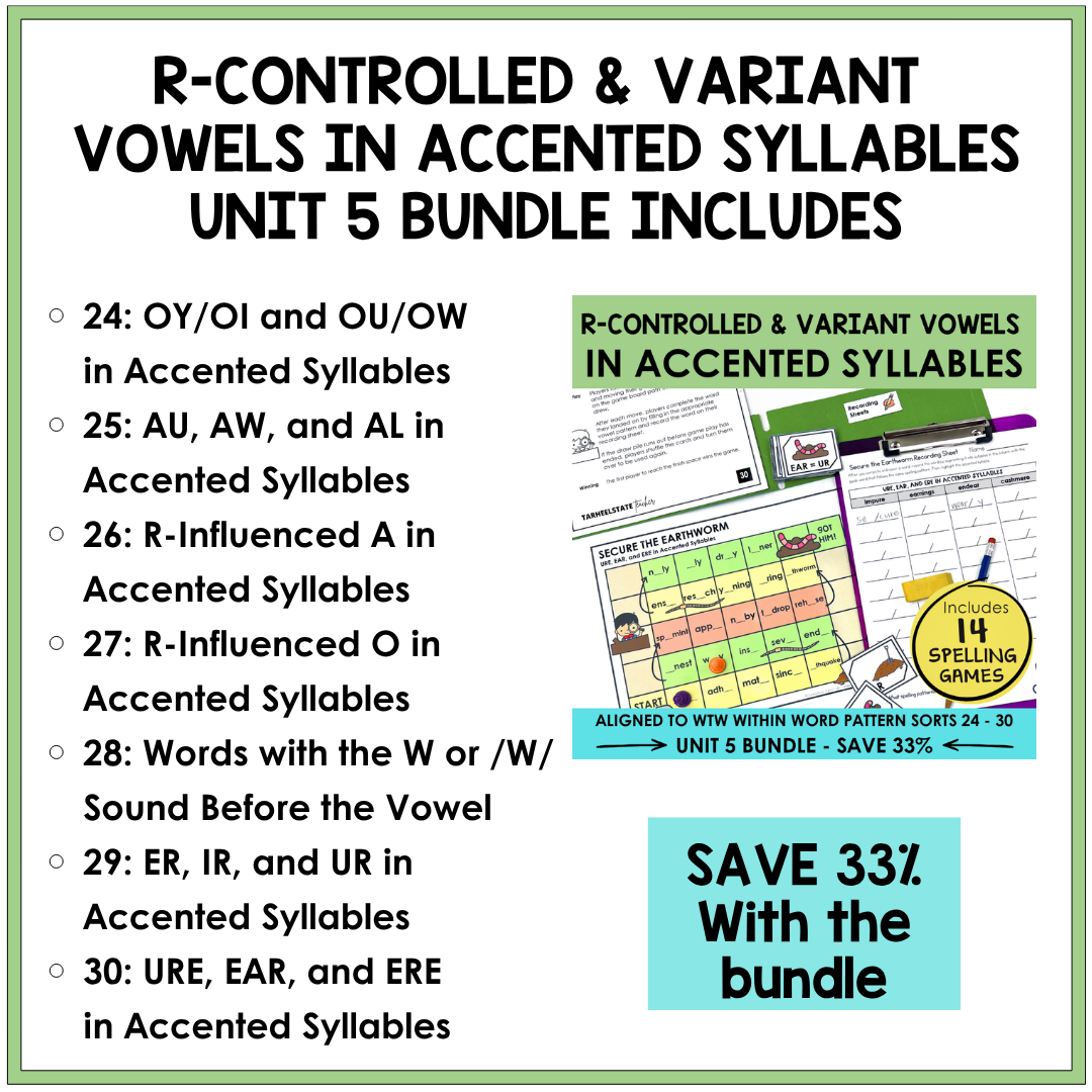 Educational bundle for teaching r-controlled and variant vowels in accented syllables with a list of included resources.