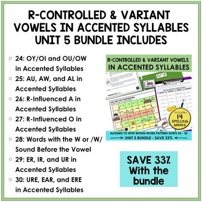 Educational bundle for teaching r-controlled and variant vowels in accented syllables with a list of included resources.