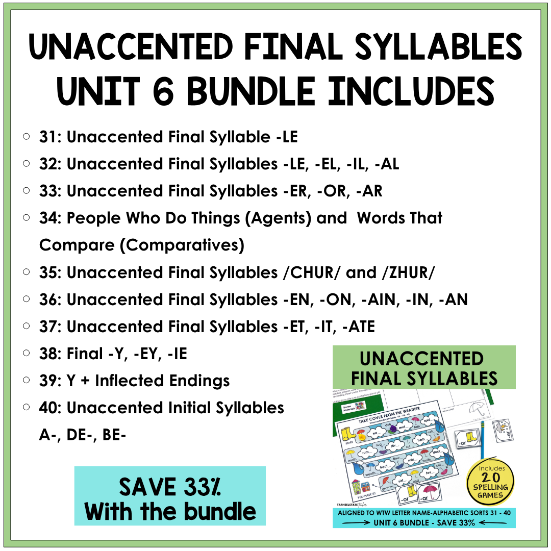 Teach unaccented final syllables in the Syllables and Affixes stage with engaging partner spelling games and independent activities.