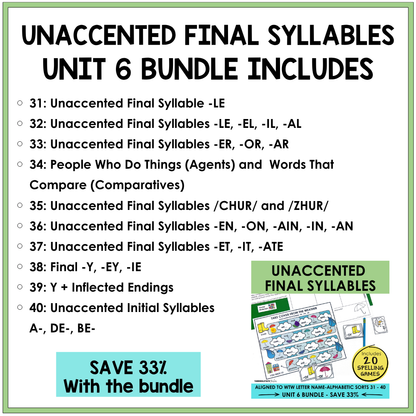 Teach unaccented final syllables in the Syllables and Affixes stage with engaging partner spelling games and independent activities.