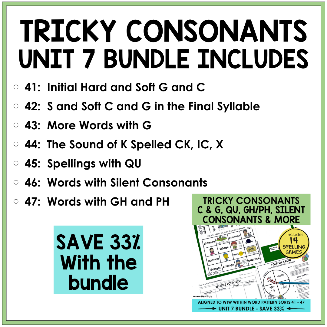 Engaging spelling games and activities for students working with tricky consonants in multisyllabic words in the Syllables and Affixes spelling stage.