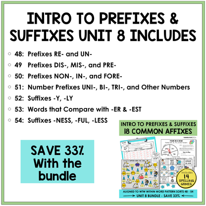 Engaging spelling games and activities designed to introduce spellers to common prefixes and suffixes in the Syllables and Affixes stage.