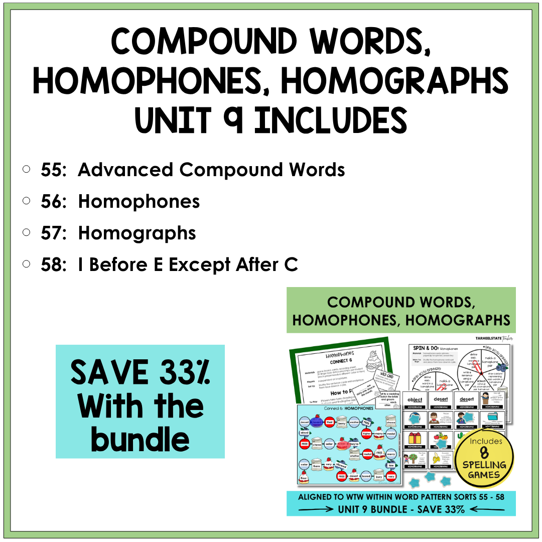 Engaging spelling games and activities for teaching compound words, homophones, homographs, and I Before E Except After C spelling rule to students in the Syllables and Affixes stage.