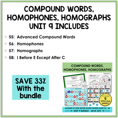 Engaging spelling games and activities for teaching compound words, homophones, homographs, and I Before E Except After C spelling rule to students in the Syllables and Affixes stage.