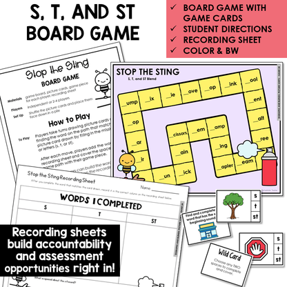 Stop the Sting board game, game cards, and recording sheet for S, T, and blend ST