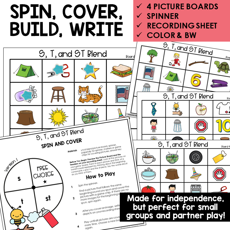 Spin and Cover picture boards and spinner for S, T, and blend ST