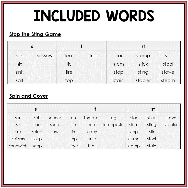 Word list for S, T, and blend ST games, Sort 24