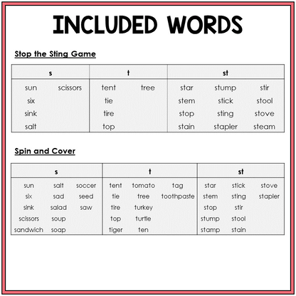 Word list for S, T, and blend ST games, Sort 24