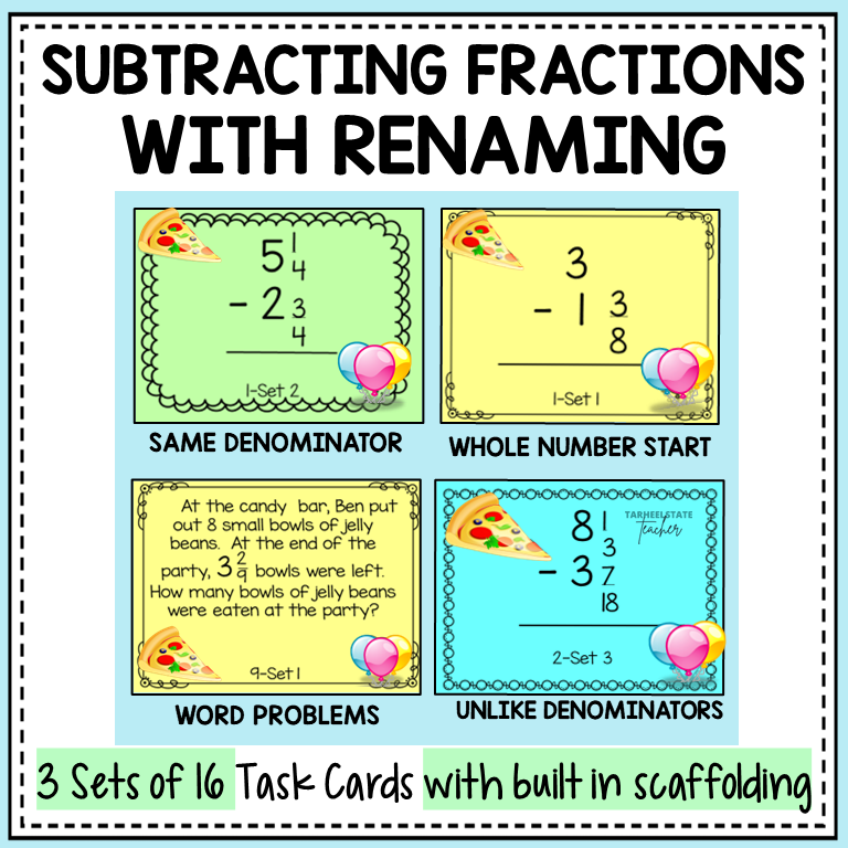 Subtracting Fractions Mixed Numbers with Regrouping Task Cards Activities