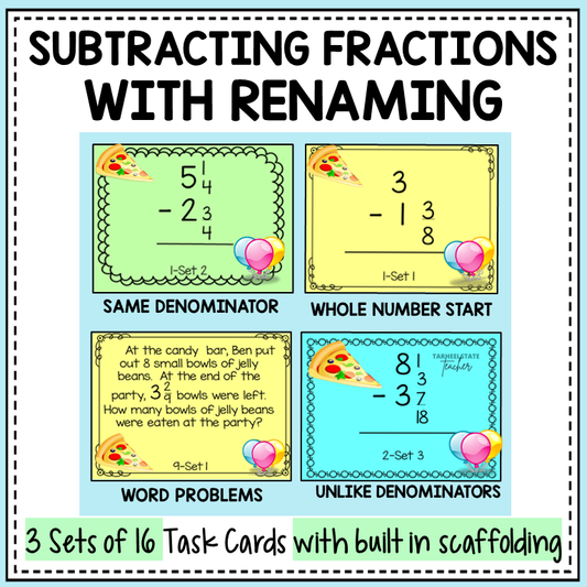 Subtracting Fractions and Mixed Numbers with Regrouping Task Cards
