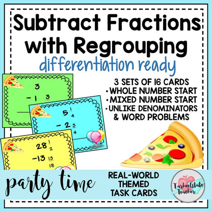 Subtracting Fractions Mixed Numbers with Regrouping Task Cards Activities