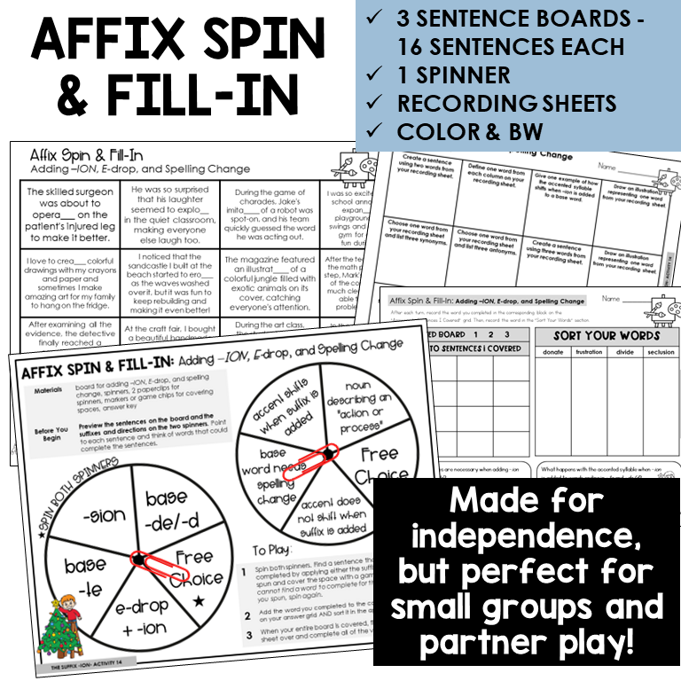 Affix Spin & Fill-In word board activity for adding -ION with E-drop and spelling change