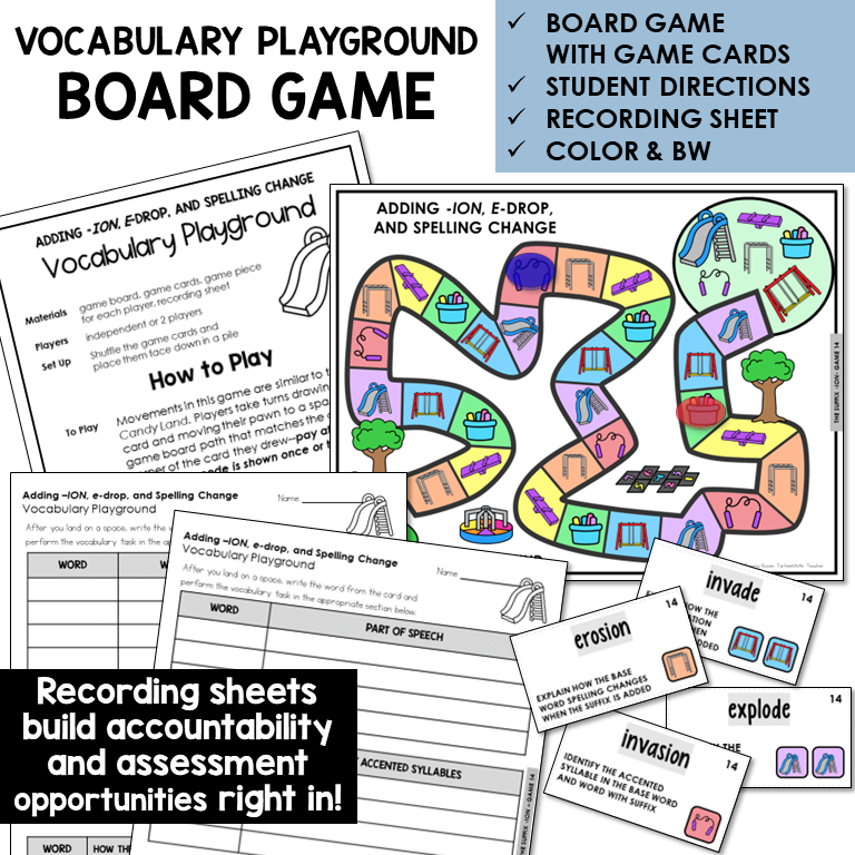 Vocabulary Playground board game for adding -ION with E-drop and spelling change