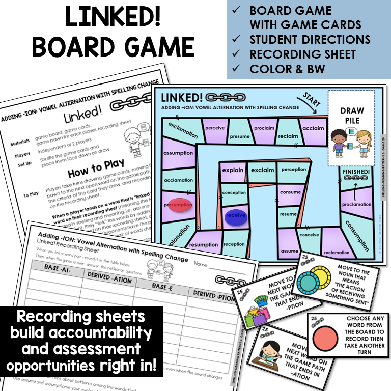 Linked! board game for adding -ION with vowel alternation and spelling change